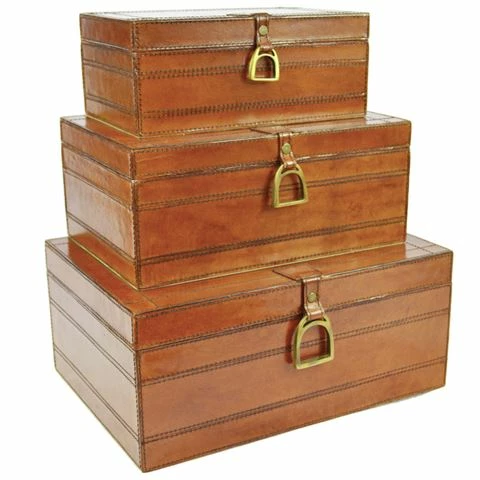 Rossini Leather - Storage Boxes With Stirrups Tan Set 3pce 3 Rossini Leather - Storage Boxes With Stirrups Tan Set 3pce